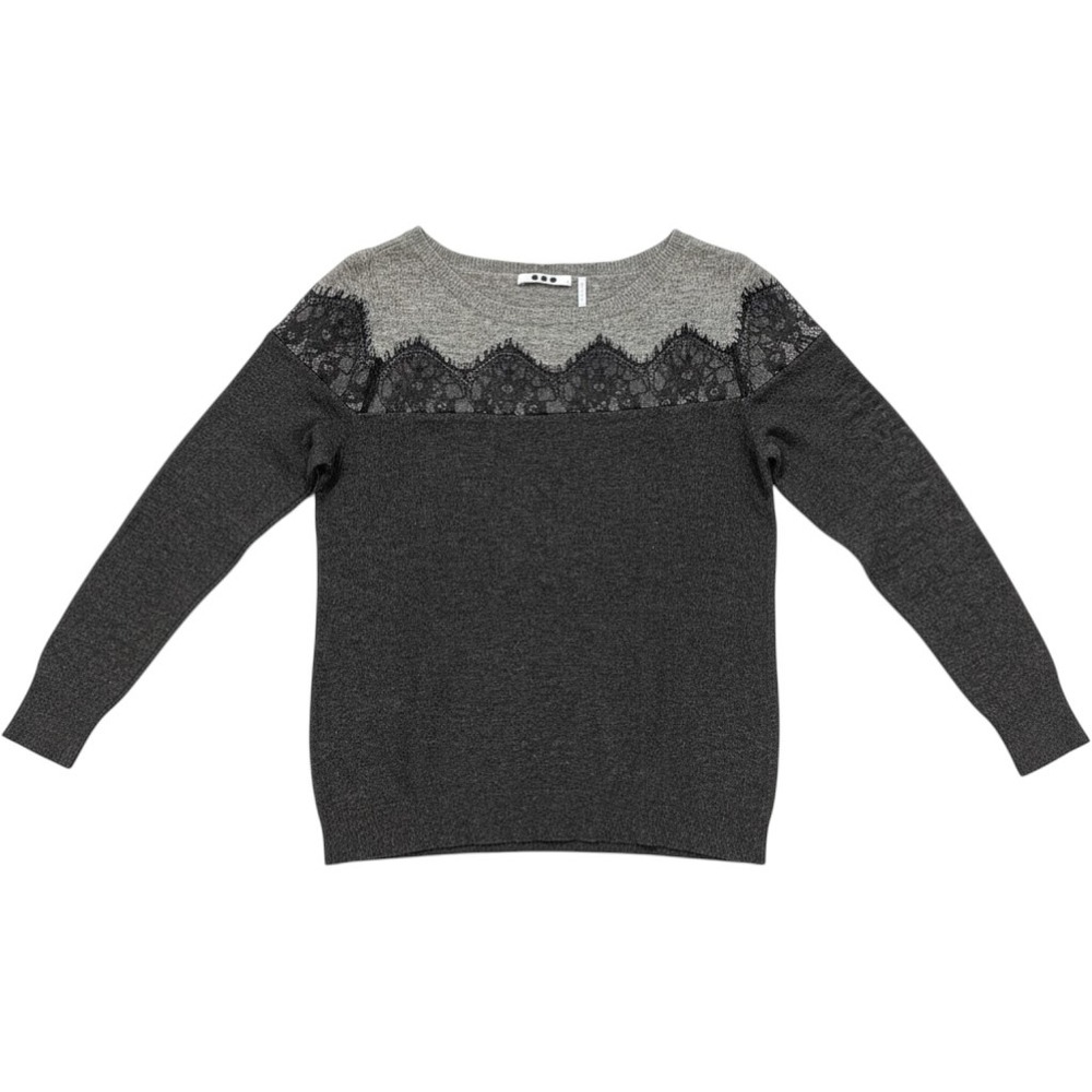 Three Dots Women Gray Colorblock Lace Overlay Cashmere Lambswool Sweater Medium